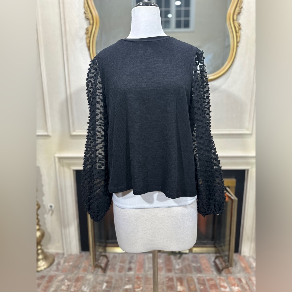 Maeve Anthropologie‎ Black Balloon Sleeve Textured Crop Top Size L Romantic Chic - Picture 2 of 10